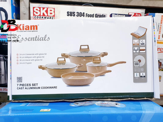 Cookware Set 7 Pieces Cast Aluminium Kiam Essentials | Non-Stick Granite Coating | Induction Compatible