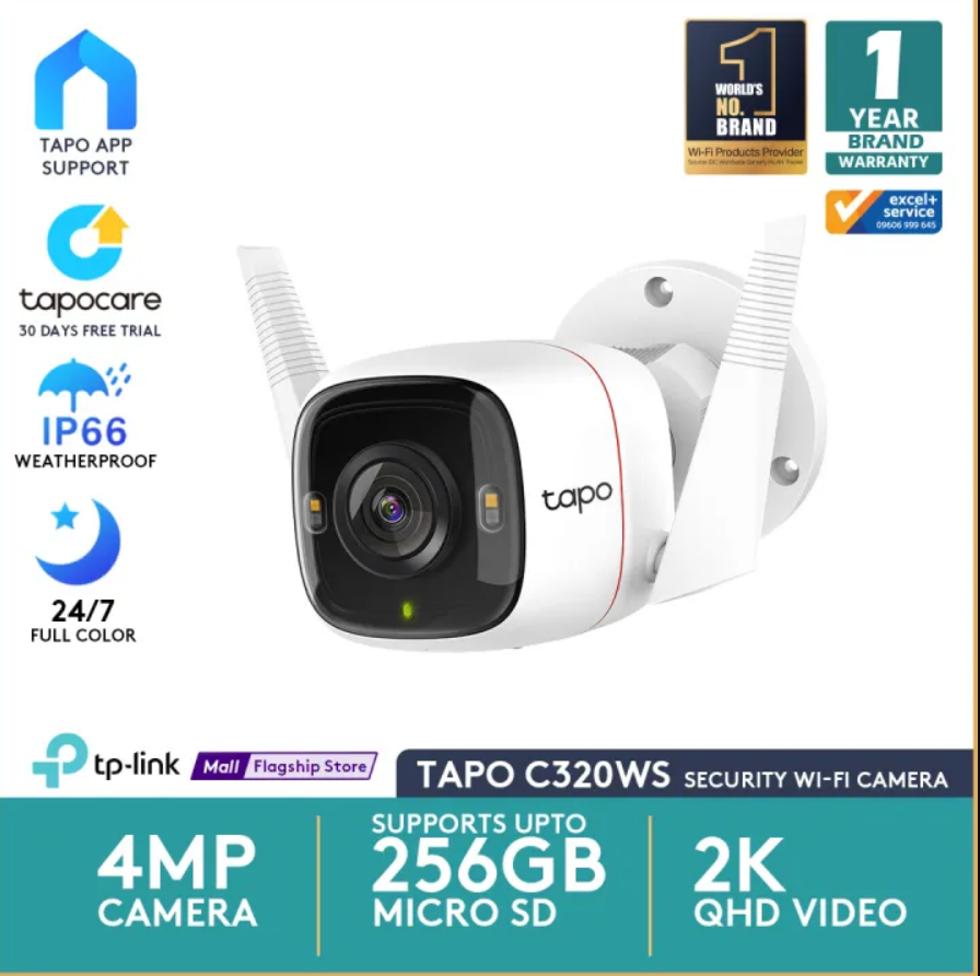 IP Security Camera TP-Link Tapo C320WS 2K 4MP Outdoor Security Wi-Fi Full-Color Night Vision IP Camera with Ultra-High-Definition Video, Warranty: 01 Year & Service Warranty 03 Years.