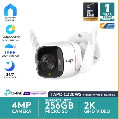 IP Security Camera TP-Link Tapo C320WS 2K 4MP Outdoor Security Wi-Fi Full-Color Night Vision IP Camera with Ultra-High-Definition Video, Warranty: 01 Year & Service Warranty 03 Years.