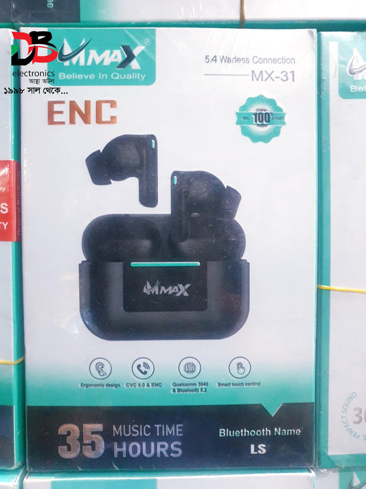 Earbuds MMAX MX-31 TWS Wireless with ENC, Bluetooth 5.2, Qualcomm 3040 & 35 Hours Music Time.