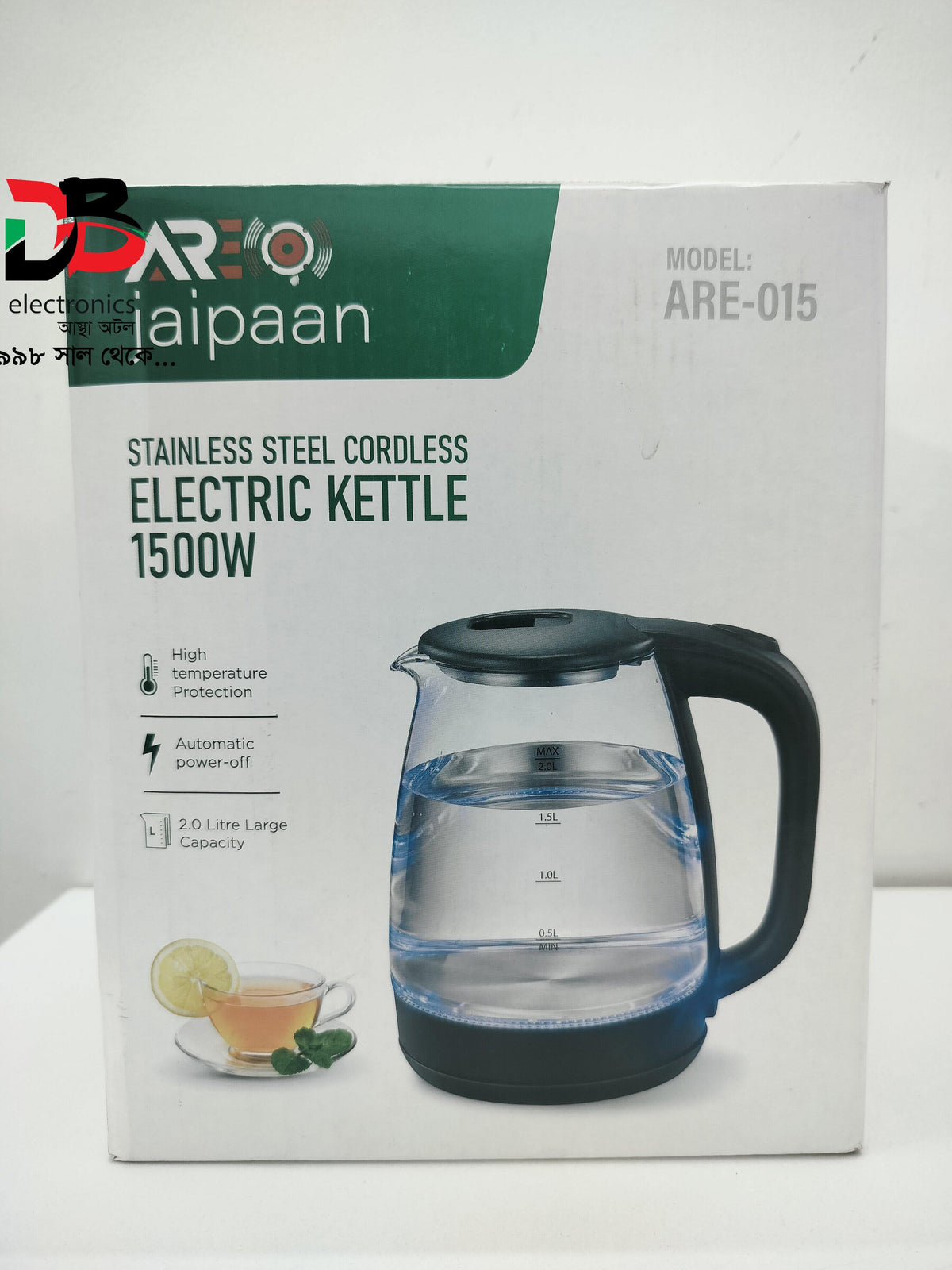 Electric Kettle Jaipaan ARE-015 2.0L Glass & Stainless Steel Cordless Kettle 1500W.