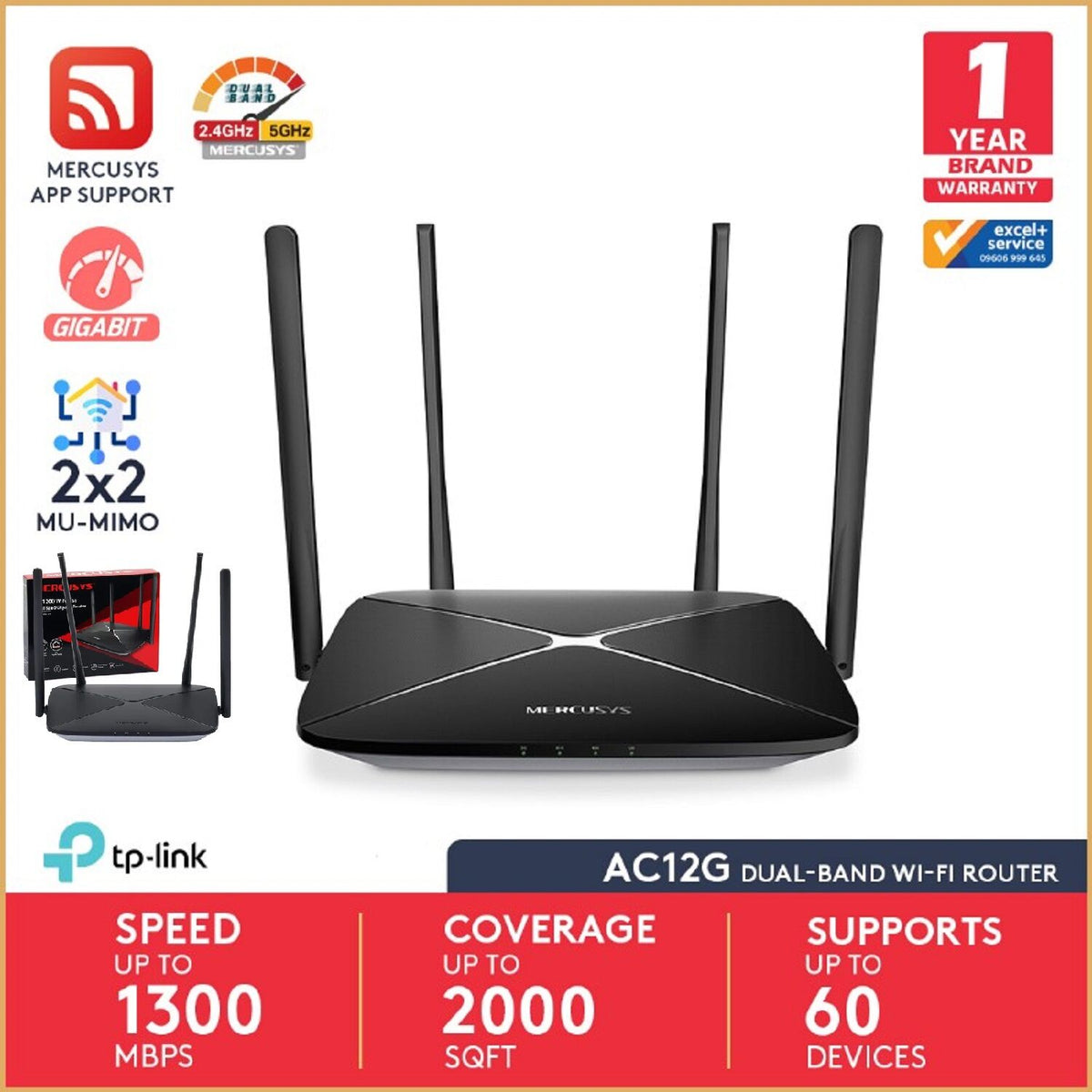 Router Mercusys AC12G AC1300 Wireless Dual Band (Warranty: 02 Years, Service waranty: 05 Years)