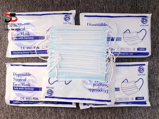 Face Mask- Disposable Surgical 3ply with Earloop Color Blue 10 Piece 1 Box
