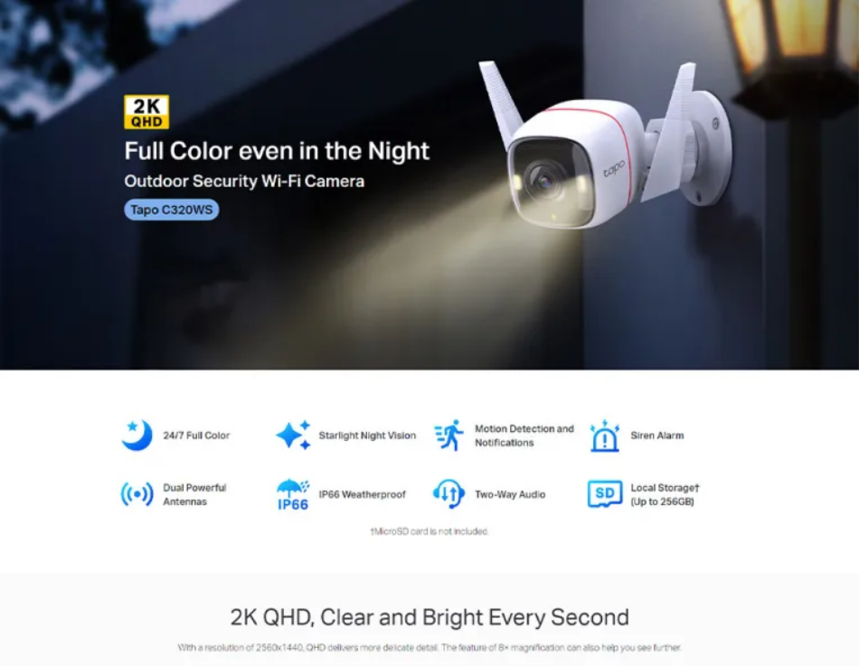 IP Security Camera TP-Link Tapo C320WS 2K 4MP Outdoor Security Wi-Fi Full-Color Night Vision IP Camera with Ultra-High-Definition Video, Warranty: 01 Year & Service Warranty 03 Years.