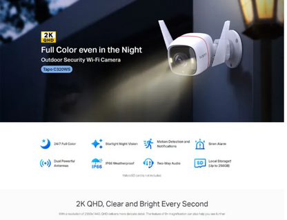 IP Security Camera TP-Link Tapo C320WS 2K 4MP Outdoor Security Wi-Fi Full-Color Night Vision IP Camera with Ultra-High-Definition Video, Warranty: 01 Year & Service Warranty 03 Years.