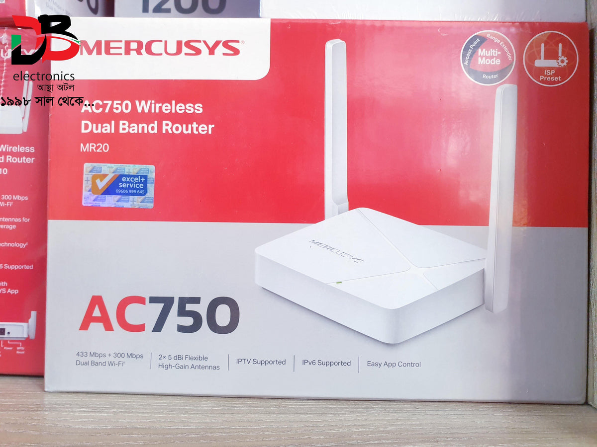 Router Mercusys MR20 AC750 Dual-Band Wireless. Warranty: 01 Year & Service Warranty: 03 Years.