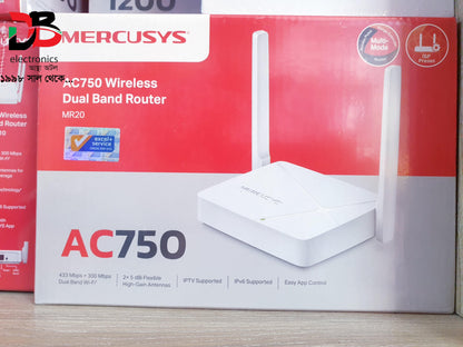 Router Mercusys MR20 AC750 Dual-Band Wireless. Warranty: 01 Year & Service Warranty: 03 Years.