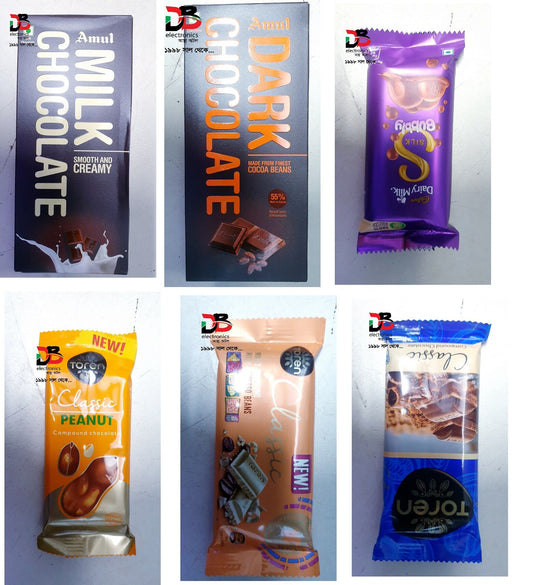 CHOCOLATE ULTIMATE DELUX COMBO - 1 PC Amul Dark Chocolate , 1 PC   Amul Milk Chocolate , 1PC  Toren Peanut 55G ,  1 PC Toren Milky Chocolate Blue 52g , 1 PC  Toren Milky Espresso Beans 55g , 1 PC  Cadbury Dairy Milk Silk Chocolate   60G