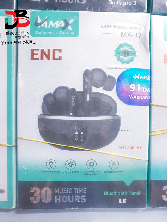 Earbuds MMAX MX-32 TWS Wireless with ENC, Bluetooth 5.2, Qualcomm 3040 & 30 Hours Music Time.