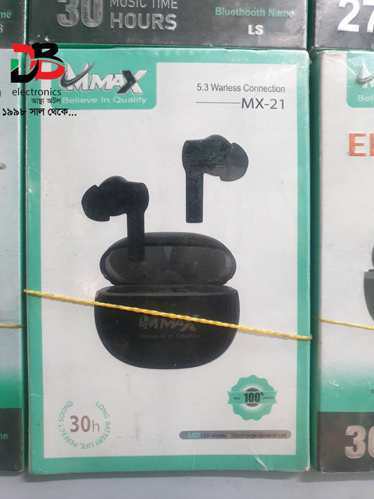 Earbuds MMAX MX-21 Wireless Bluetooth 5.3 TWS Earbuds with 30 Hours Battery Backup.
